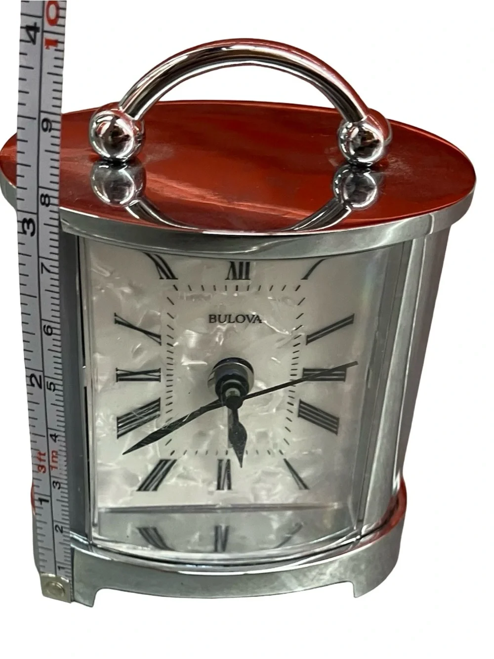 Bulova Desk Clock Silver Toned Pearl Face Roman Numerals Carriage Style Office ~